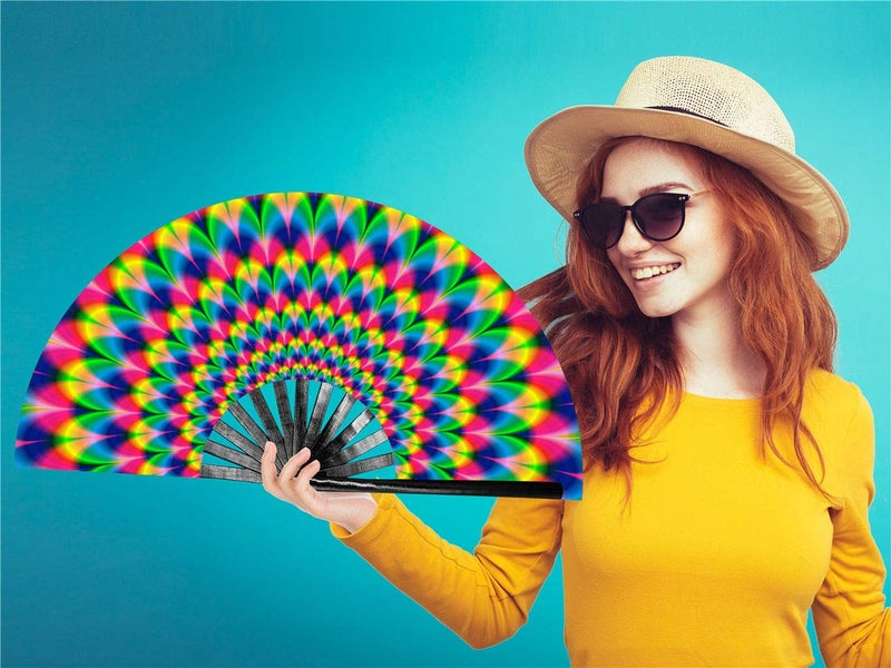 Zolee Large Rave Clack Fan for Line Dancing - Boots on The Ground Popping Folding Hand Fan - for EDM, Music Festival, Hot Flashes, Event, Party, Dance, Decorations, Gift (Trippy Checkered) - Image 2
